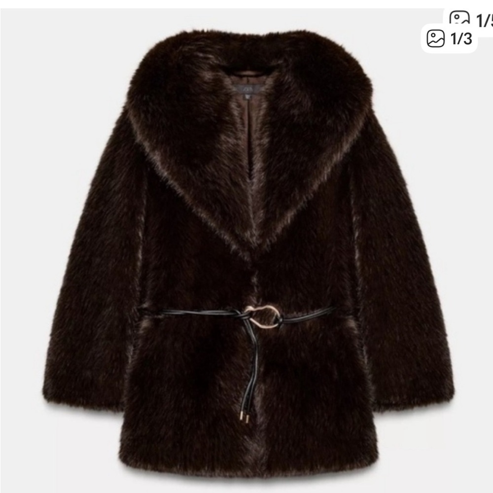 Zara Chocolate Faux Fur Coat with Belt